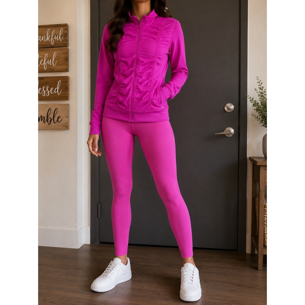 Fila Sport Jacket Womens  Magenta Pink Ruched Full Zip Thumbhole Activewear M